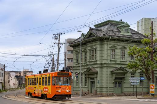 函館路面電車とレトロ建築と青空 函館路面電車とレトロ建築と青空 路面電車,函館市電,レトロ建築の写真素材