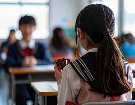 バレンタインチョコを緊張して持つ女の子の写真