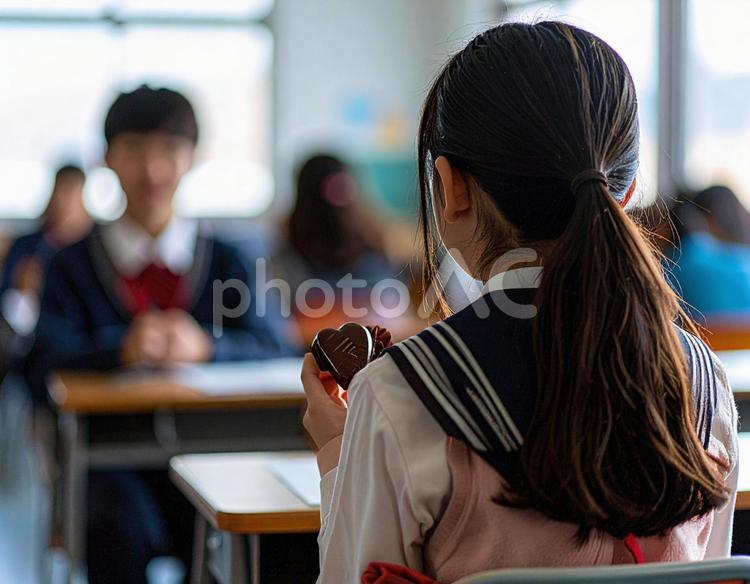 バレンタインチョコを緊張して持つ女の子 初恋,バレンタインチョコレート,2月の写真素材