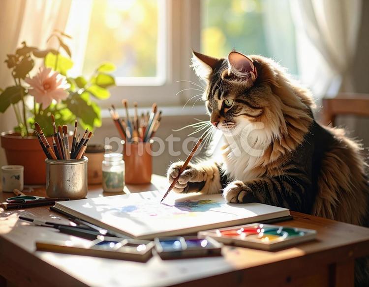 絵を描く猫 秋,秋の風景,秋景色の写真素材
