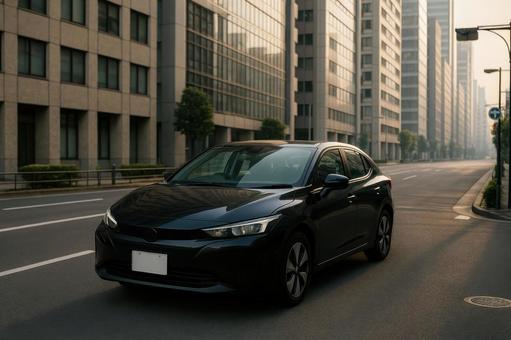 都市の中を走行する黒い電気自動車 都市の中を走行する黒い電気自動車の写真
