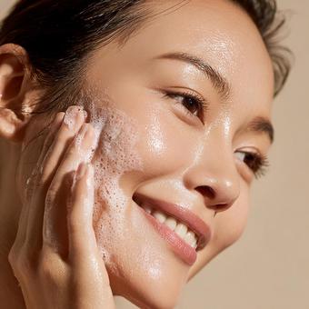 笑顔で泡洗顔を楽しむ、清潔感あふれる女性 笑顔で泡洗顔を楽しむ、清潔感あふれる女性の写真
