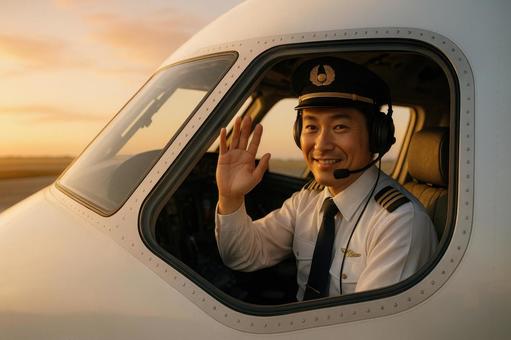 パイロットが手を振るフライト前の一幕の写真