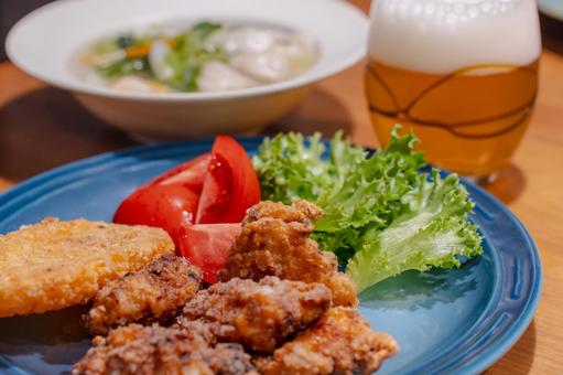 A hearty dinner of boiled dumplings and fried chicken, JPG