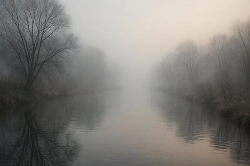 Fog and a river with bare trees on both banks, fog, chuan, wood, JPG
