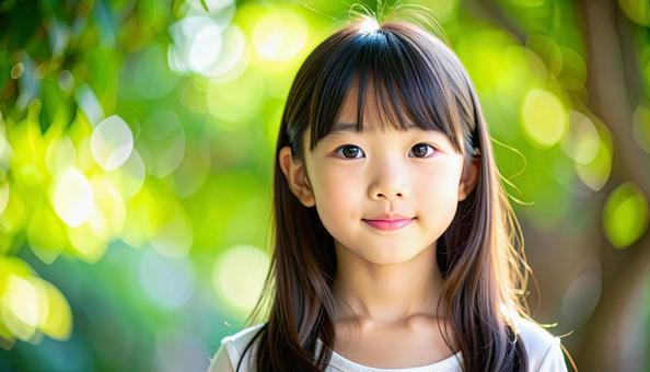 木漏れ日の緑の背景 少女のポートレート 木漏れ日の緑の背景 少女のポートレートの写真