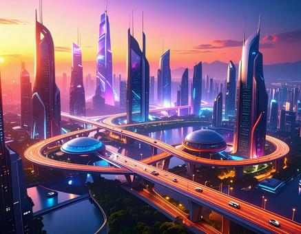 夕暮れの未来型スマートシティ 夕暮れの未来型スマートシティの写真