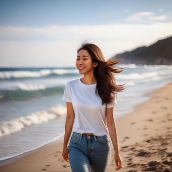 浜辺を歩くTシャツ姿の女性 浜辺を歩くTシャツ姿の女性の写真
