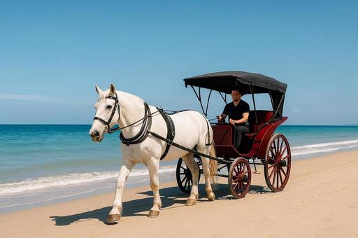 海岸線を走る観光用馬車 海岸線を走る観光用馬車の写真