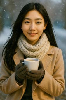 冬のカフェでコーヒーを楽しむ女性 冬のカフェでコーヒーを楽しむ女性の写真
