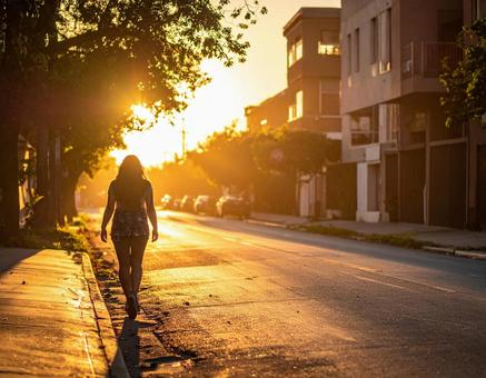 夕暮れ時の静かな通りを歩く人 夕暮れ時の静かな通りを歩く人の写真