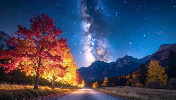 山岳と紅葉の道に広がる天の川 山岳と紅葉の道に広がる天の川の写真