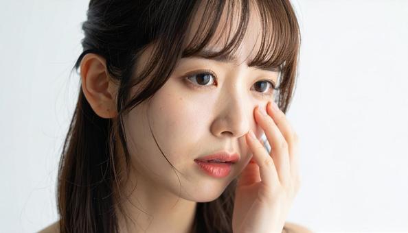 涙を拭く日本人女性の写真