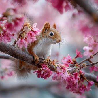 桜の枝にとまる可愛いリスの春の姿 桜の枝にとまる可愛いリスの春の姿の写真