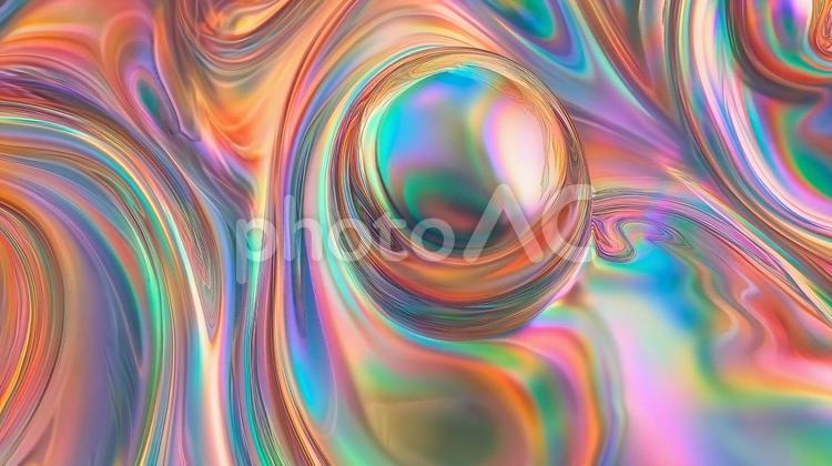 ホログラフィック調抽象的な流体と球体 虹色,ホログラム,抽象の写真素材