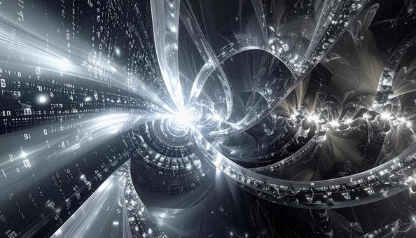 光と数字が交錯するプラチナフラクタル空間の写真