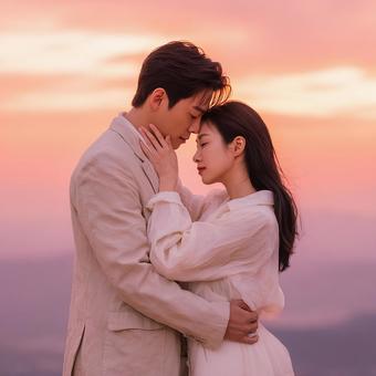 美しい夕焼けを背景に抱き合う 美しい夕焼けを背景に抱き合うの写真
