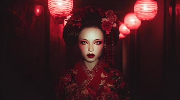 赤提灯に照らされる女性 赤提灯に照らされる女性の写真