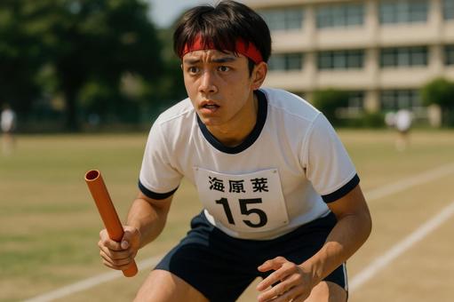 緊張の表情でバトンを持つリレー選手 緊張の表情でバトンを持つリレー選手の写真