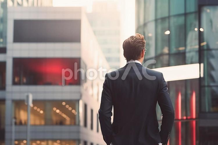 ビジネス街を歩く男性 ビジネスマン,後ろ姿,男性の写真素材