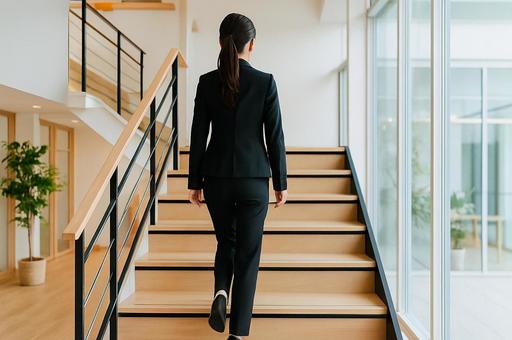 オフィス内の階段を上がるスーツ女性 オフィス内の階段を上がるスーツ女性の写真