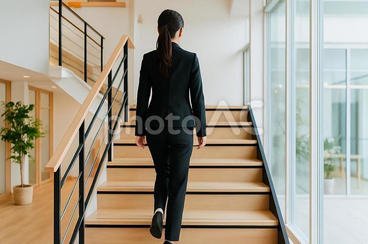 オフィス内の階段を上がるスーツ女性 オフィス,仕事,ビジネスの写真素材