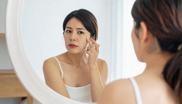 ほうれい線を気にしてほほを触る中年の女性 ほうれい線を気にしてほほを触る中年の女性の写真
