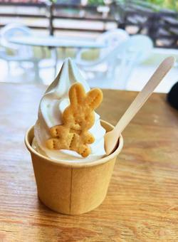 Photo, soft cream, cup, rabbit cookie, 