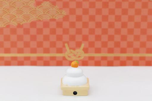 和柄背景とミニチュアの鏡餅 鏡餅,正月,新年の写真素材