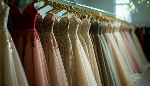 レンタルドレス屋にかかるたくさんのドレス レンタルドレス屋にかかるたくさんのドレスの写真