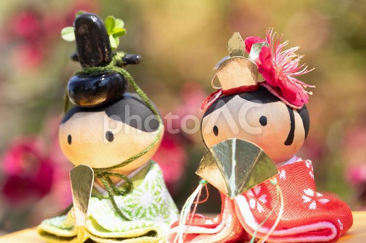 梅の花を眺める小さなお雛様とお内裏様 春,花,梅の写真素材