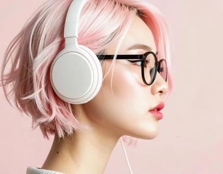 ヘッドホンをする女性 ヘッドホンをする女性の写真
