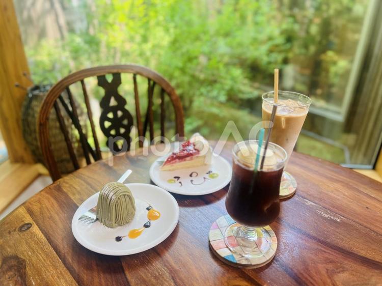 お庭が見えるカフェ　テラス　ケーキ お庭が見える,カフェ,新緑の写真素材