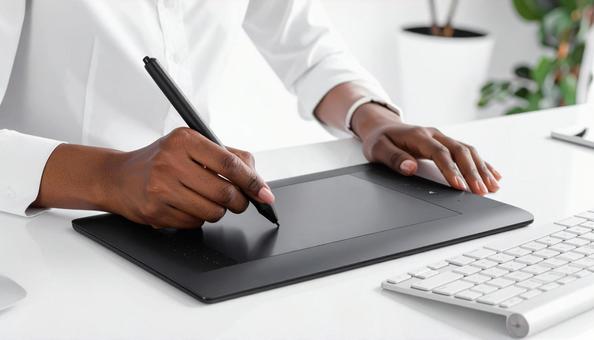 ペンタブレットで絵を描く女性の手もと ペンタブレットで絵を描く女性の手もとの写真