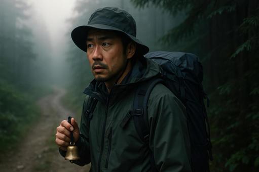 クマ鈴を持つ登山者の写真