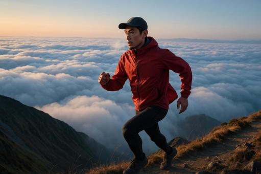 雲海の中を走るトレイルランナー 雲海の中を走るトレイルランナーの写真