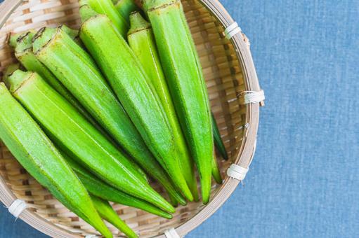 竹ざるに盛られた新鮮なオクラ 竹ざるに盛られた新鮮なオクラ オクラ,野菜,緑色の写真素材