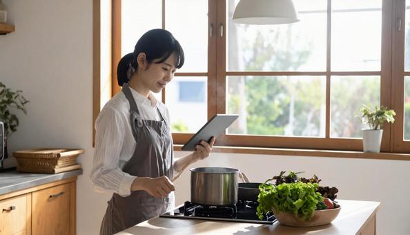 レシピを見ながら料理する日本人の若い女性 レシピを見ながら料理する日本人の若い女性の写真
