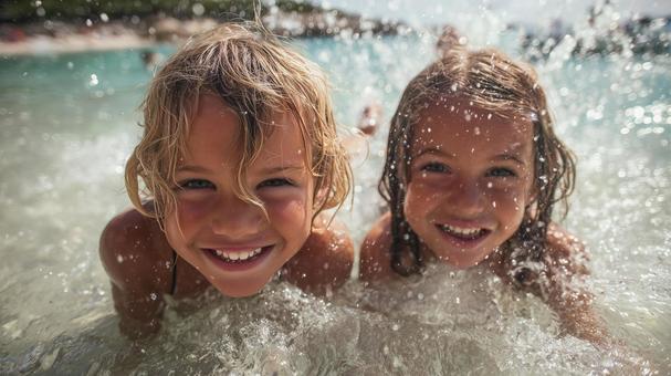 海で遊ぶ笑顔の子供たち 海で遊ぶ笑顔の子供たちの写真