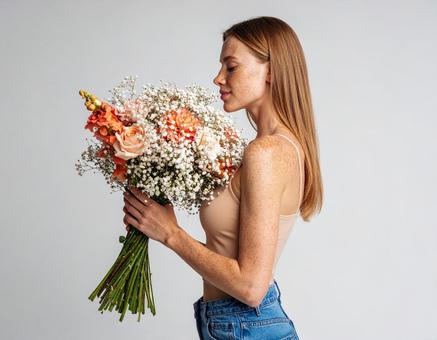 花束を持った美しい女性 花束を持った美しい女性の写真