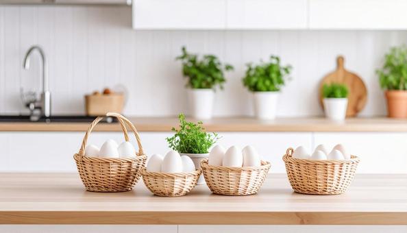 籠の中の卵、キッチンで 籠の中の卵、キッチンでの写真