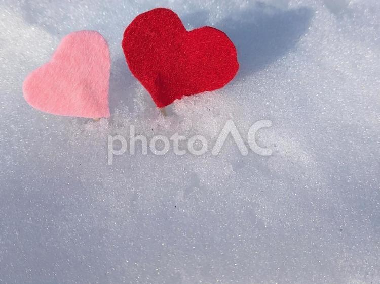 雪の上にピンクと赤いのハート ハート,赤,ピンクの写真素材