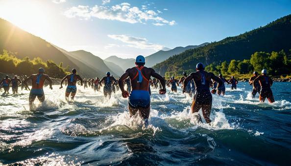トライアスロン 一斉に水に飛び込む選手 トライアスロン 一斉に水に飛び込む選手の写真