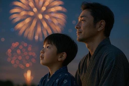 花火を見上げる親子の横顔 花火を見上げる親子の横顔の写真