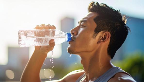 ペットボトルの水を飲む男性 ペットボトルの水を飲む男性の写真