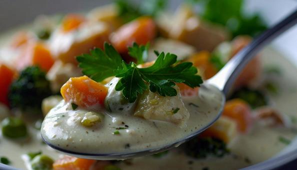 クリームシチューをスプーンで掬うの写真