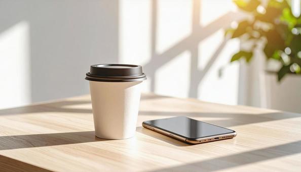 テーブルのコーヒーとスマホ テーブルのコーヒーとスマホの写真