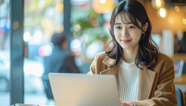 カフェでノートパソコンを使う日本人女性 カフェでノートパソコンを使う日本人女性の写真