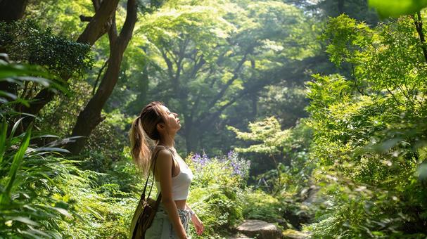 森の中で光を浴びる女性 森の中で光を浴びる女性の写真