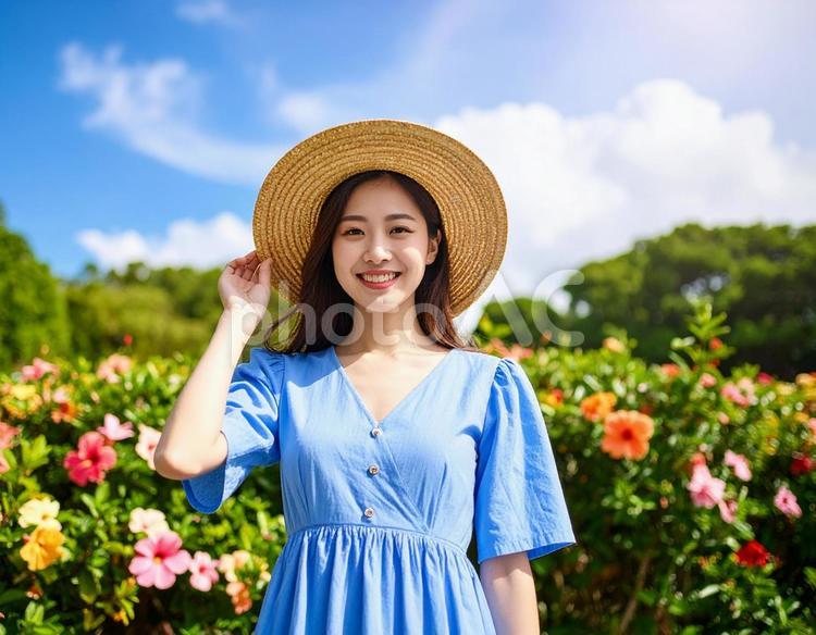ハイビスカスと、真夏の彼女 ハイビスカス,女性,若いの写真素材